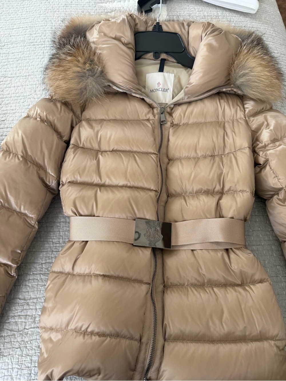Moncler Women’s ' Tan Puffer Coat with Fur-Trim Hood